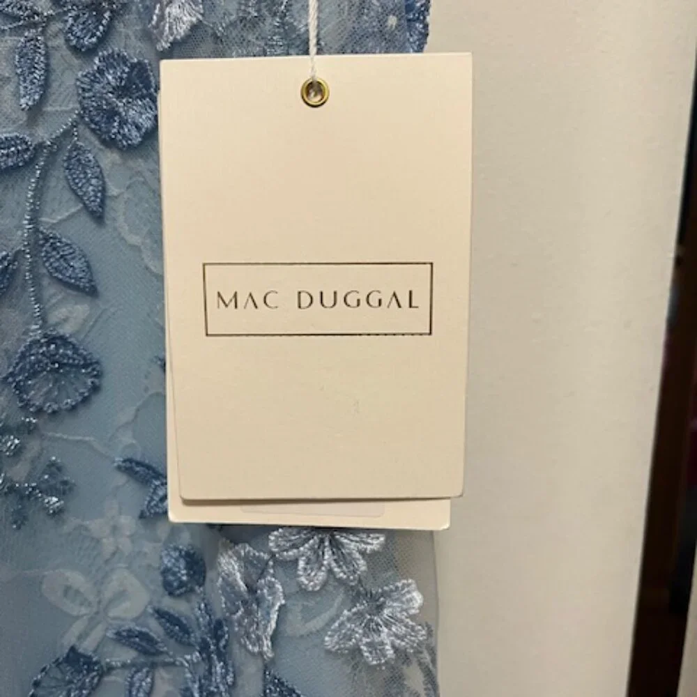 NWT Mac Duggal Size 6 Blue Embroidered Applique Wrap Over Flutter Sleeve Gown - Picture 4 of 6